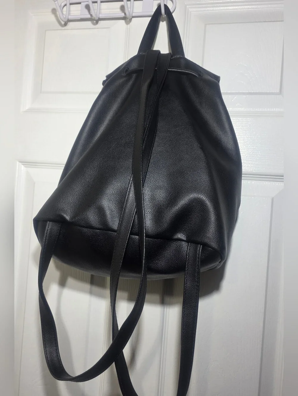 Victoria’s Secret Black Faux Leather Backpack Drawstring Bag Silver  Logo - Picture 8 of 8